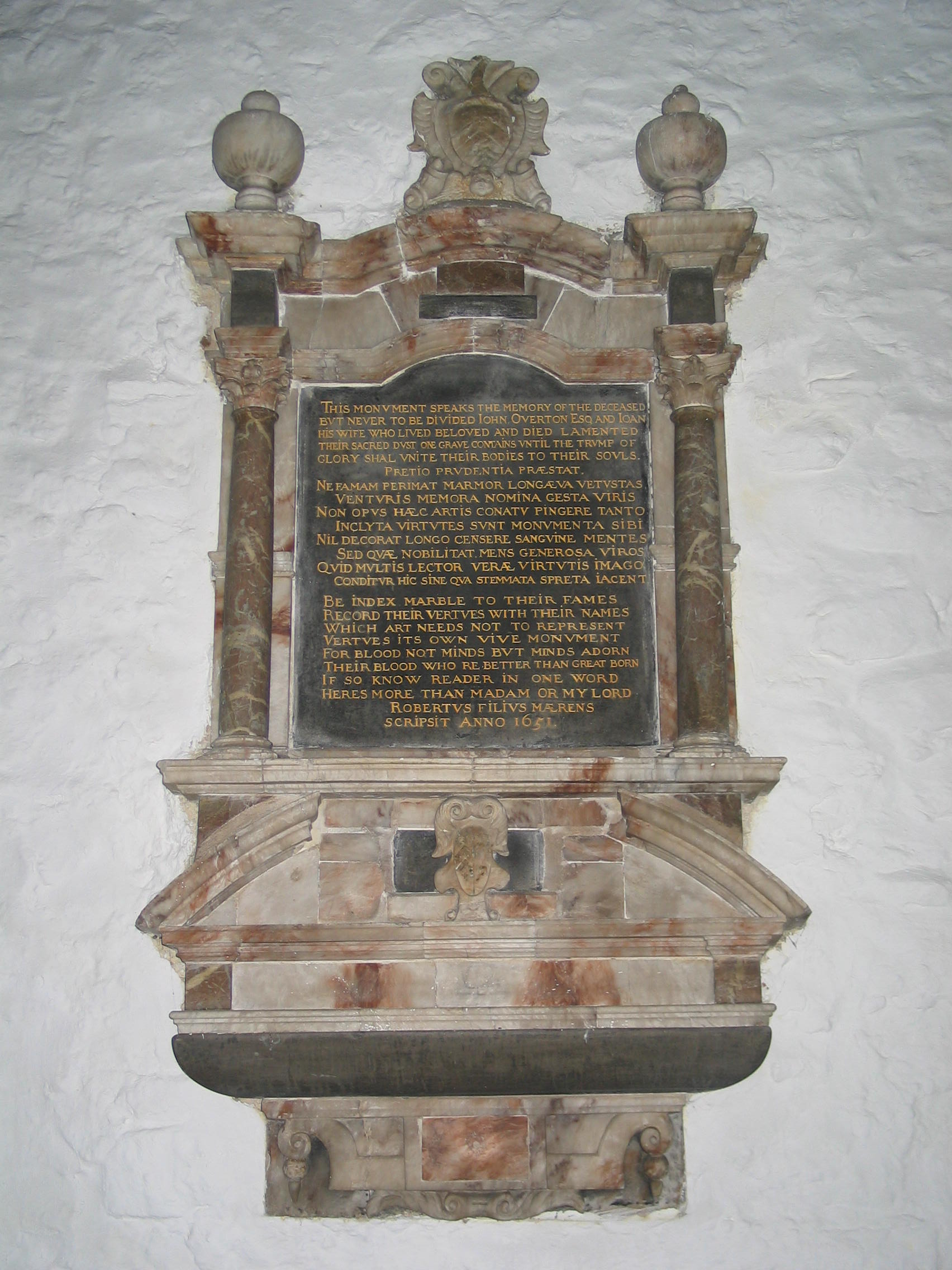 The marble tablet in Easington Church to the memory of John and Joan Overton