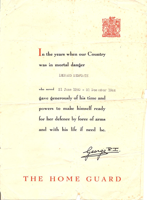 A certificate of service issued to all personnel of the Home Guard