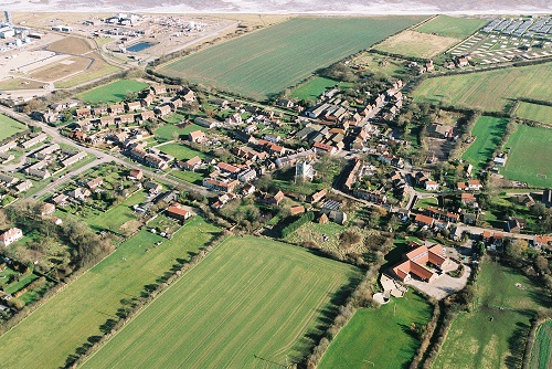 An aerial view of the village, showing the gas terminals, and the caravan site