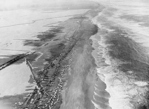 Kilnsea floods, 1953, looking north towards beacon