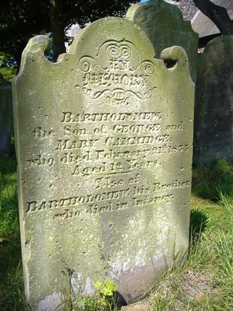 The gravestone of Bartholomew Cammidge and that of his elder brother with the same name who died in infancy 17 years earlier