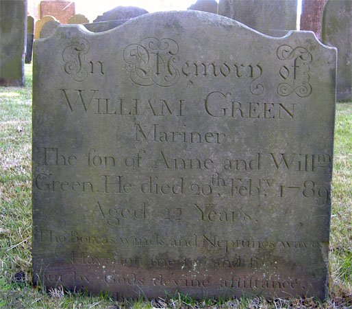 The remarkably well preserved gravestone of William Green, mariner, buried in 1789