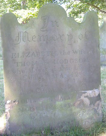 The gravestone of Elizabeth Hodgson and her one year old son Bride