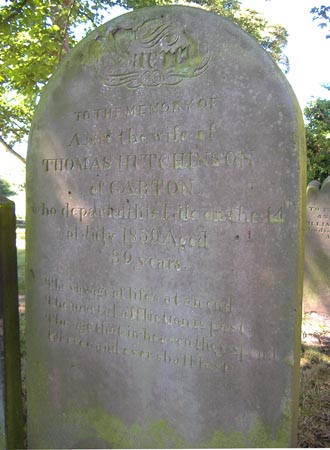 The gravestone of Ann Hutchinson of Garton