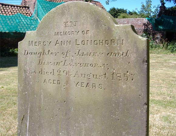 The gravestone of the infant Mercy Ann Longhorn of Easington