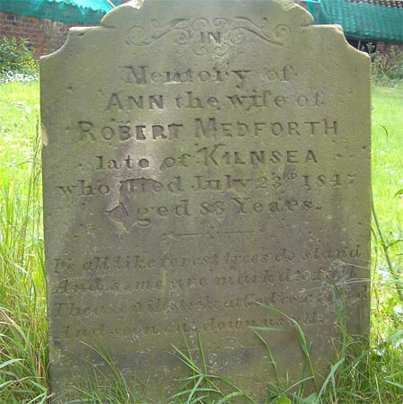 The gravestone of Ann Medforth of Kilnsea