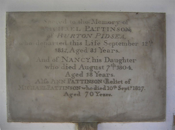 The plaque on the wall inside the Church dedicated to Michael Pattinson