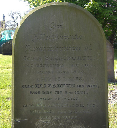 The gravestone of John and Elizabeth Staniforth and their son Emanuel